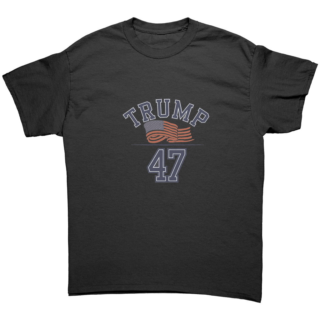 Trump 47 Patriotic Banner Print graphic tee featuring a patriotic design on a black shirt.