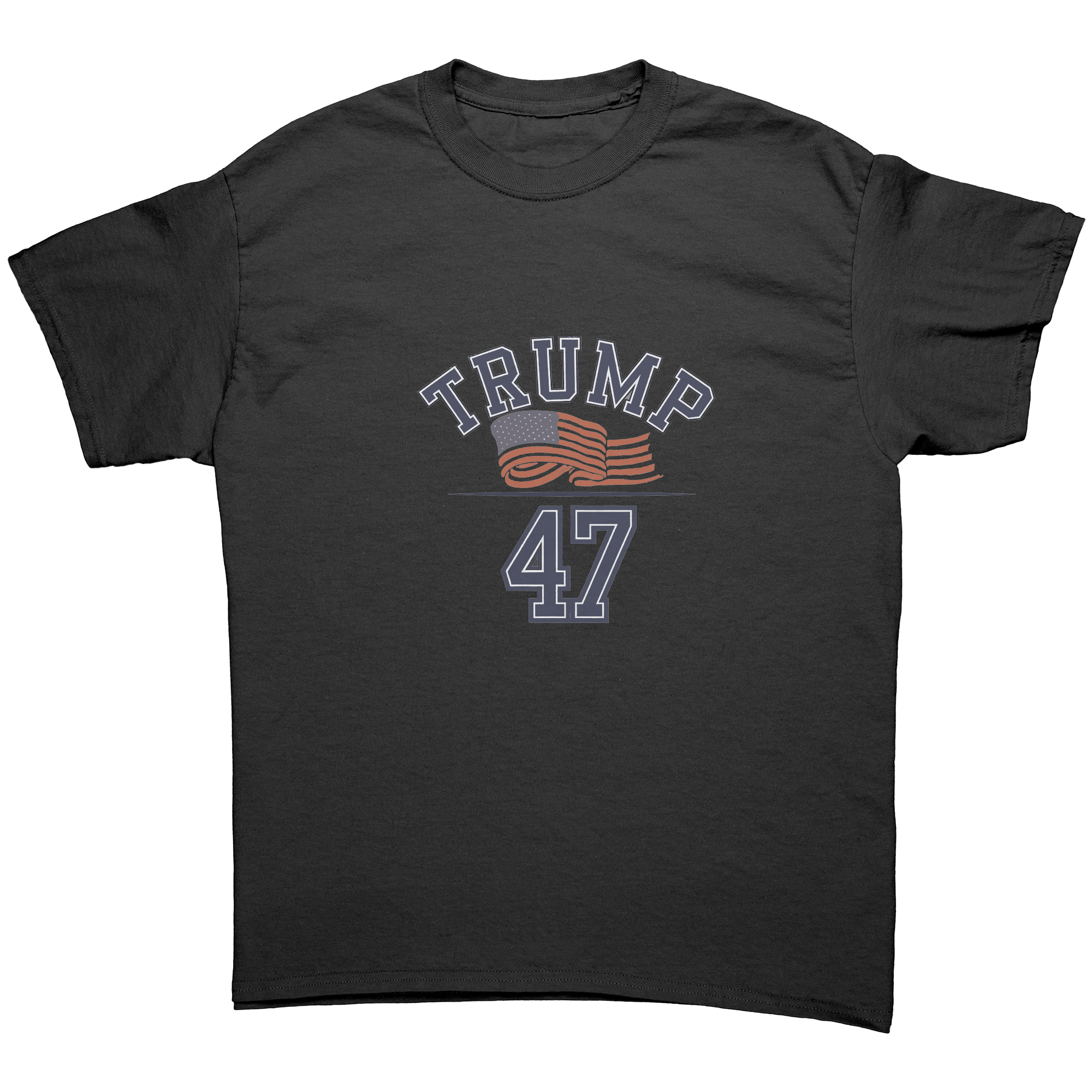 Trump 47 Patriotic Banner Print graphic tee featuring a patriotic design on a black shirt.