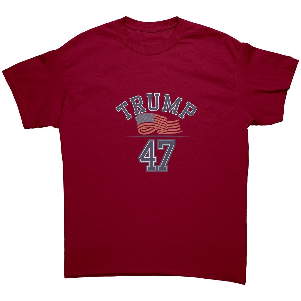 Trump 47 Patriotic Banner Print graphic tee in red, featuring bold text and an American flag design.