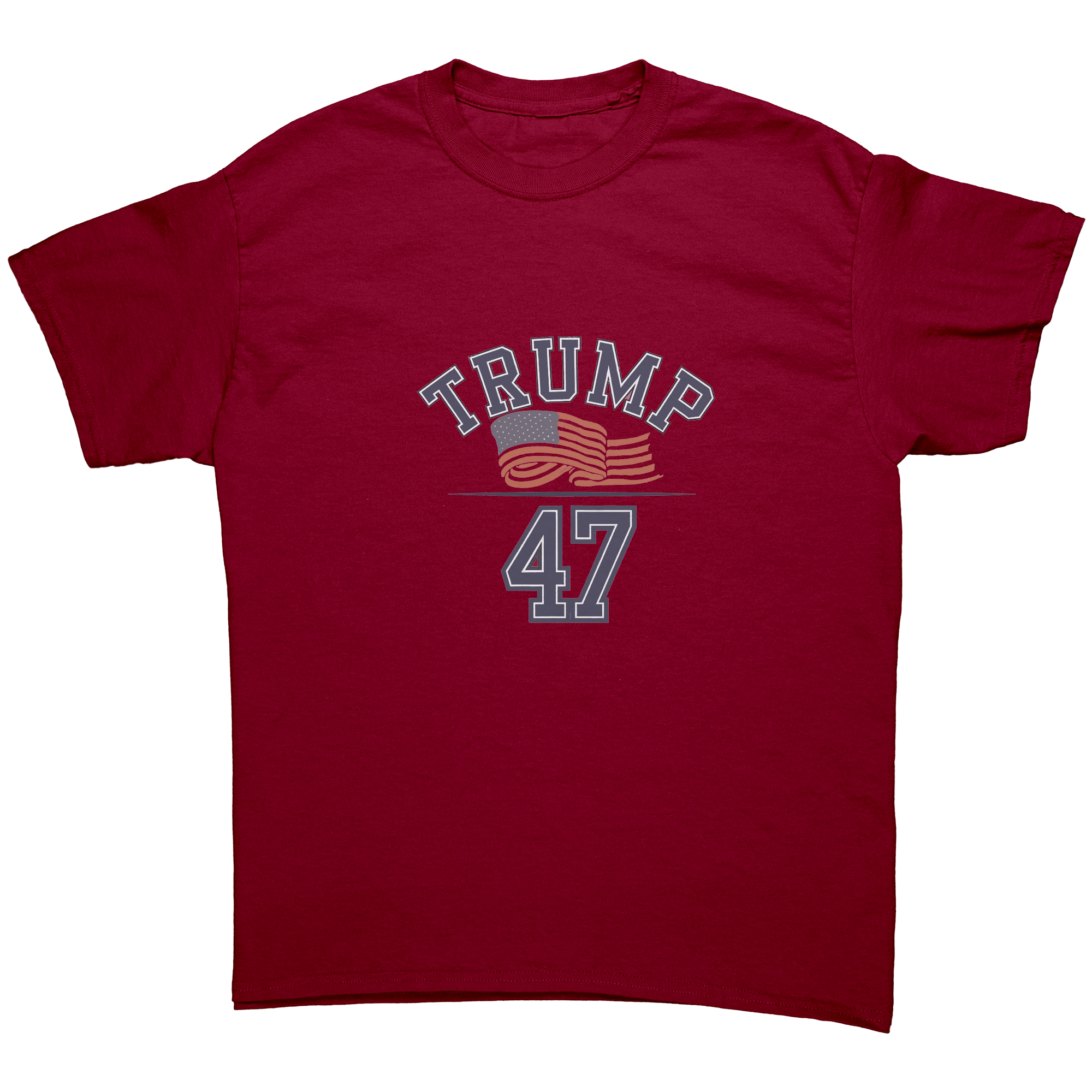 Trump 47 Patriotic Banner Print graphic tee in red, featuring bold text and an American flag design.