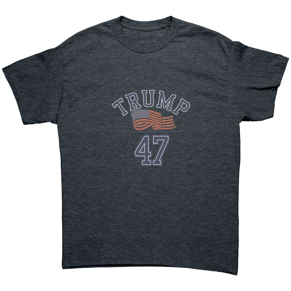 Trump 47 Patriotic Banner Print graphic tee featuring bold lettering and flag design.