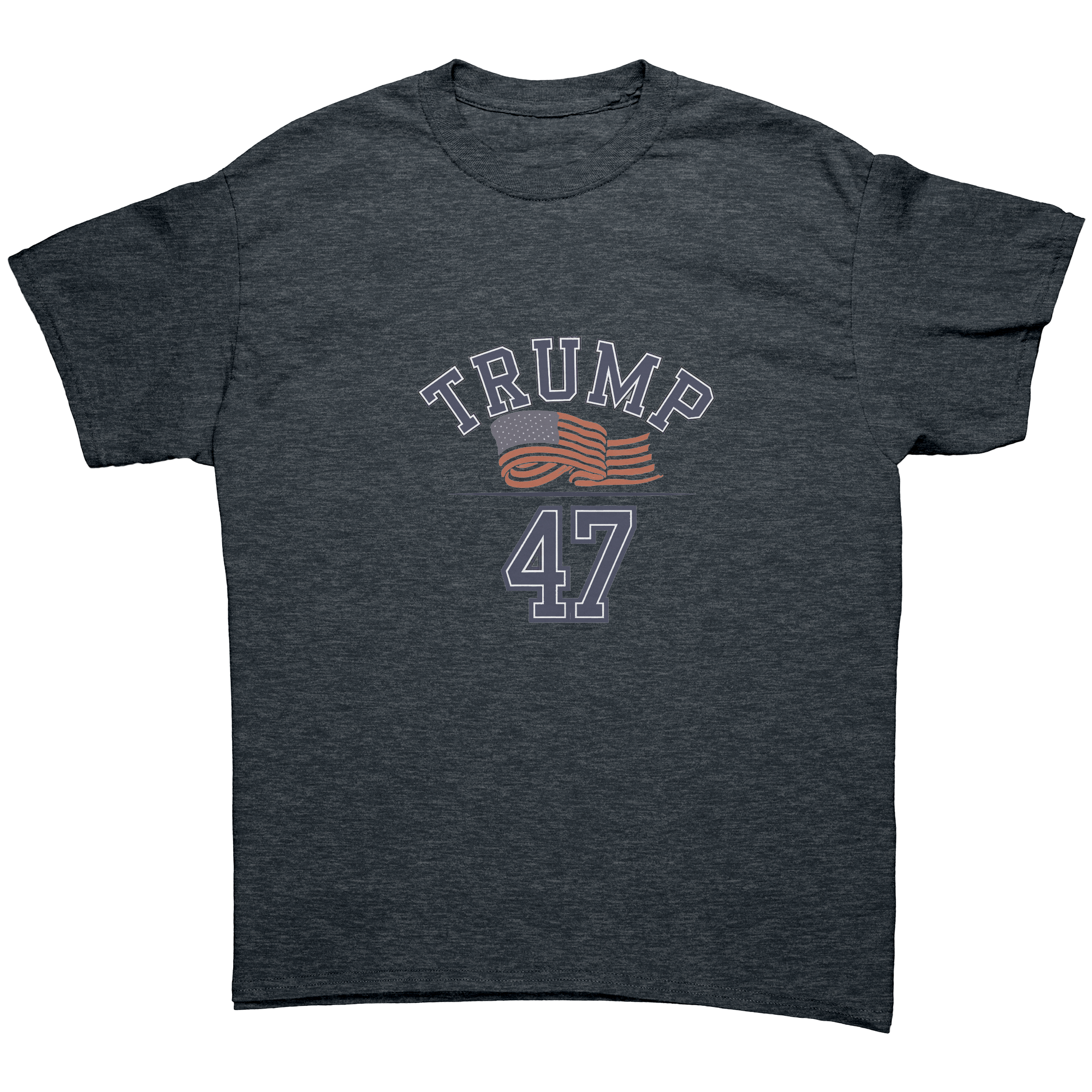 Trump 47 Patriotic Banner Print graphic tee featuring bold lettering and flag design.