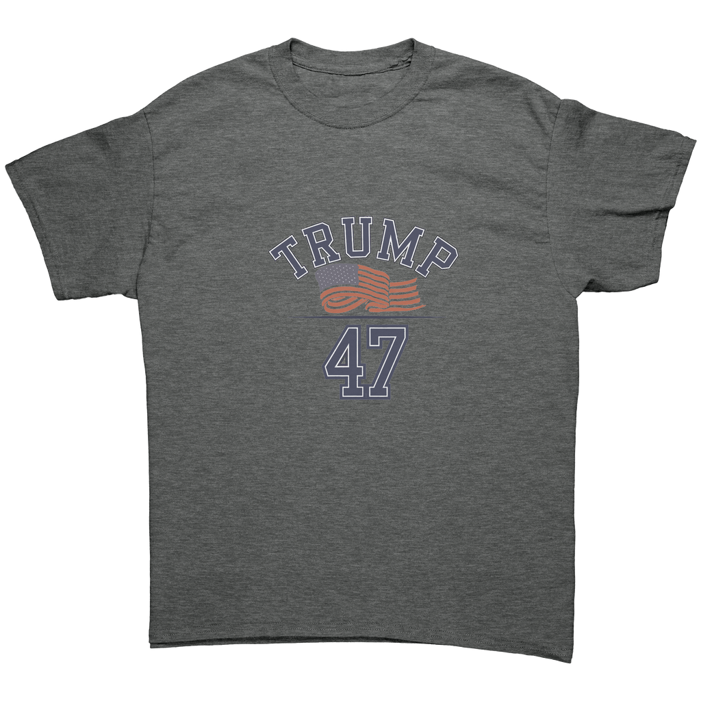 Trump 47 Patriotic Banner Print graphic tee featuring patriotic design with bold letters and American flag elements.