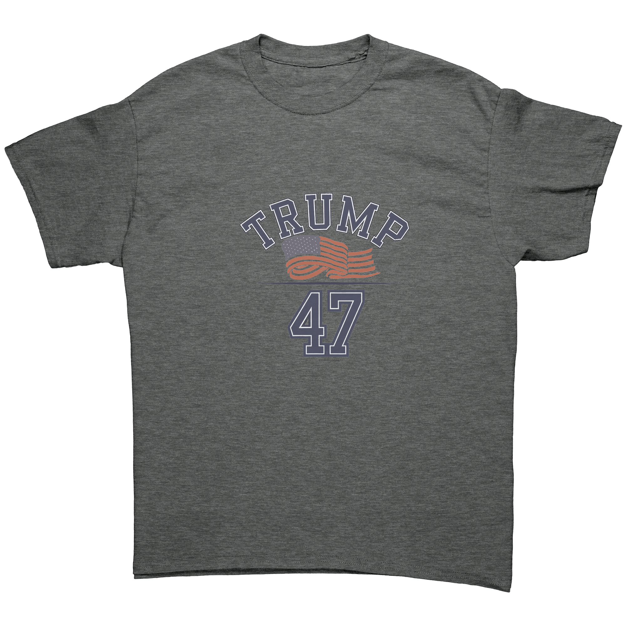 Trump 47 Patriotic Banner Print graphic tee featuring patriotic design with bold letters and American flag elements.