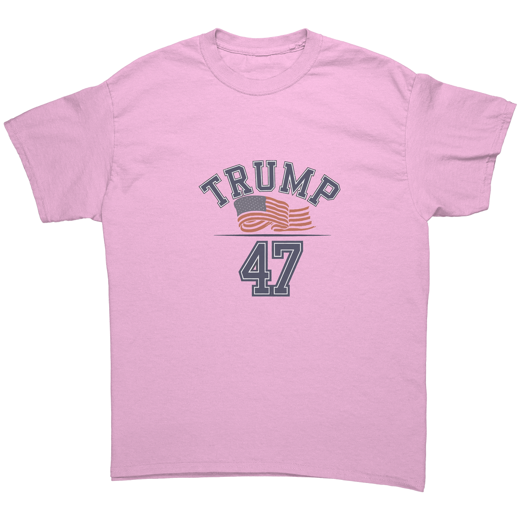 Trump 47 Patriotic Banner Print graphic tee in pink featuring patriotic design.