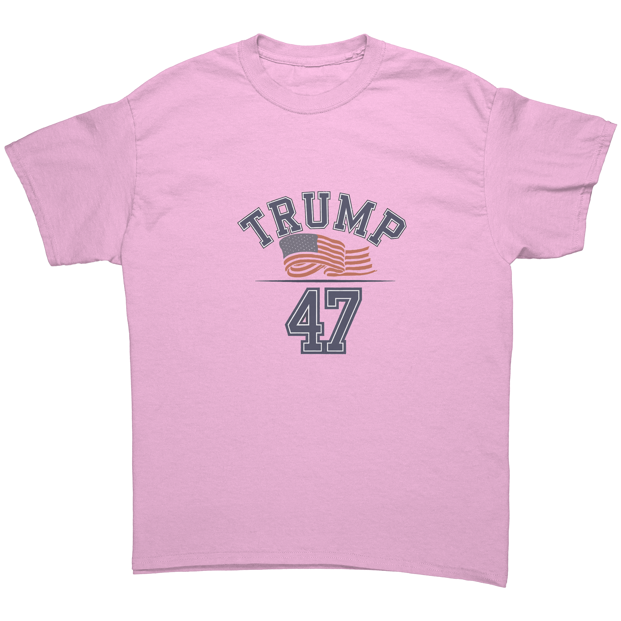 Trump 47 Patriotic Banner Print graphic tee in pink featuring patriotic design.