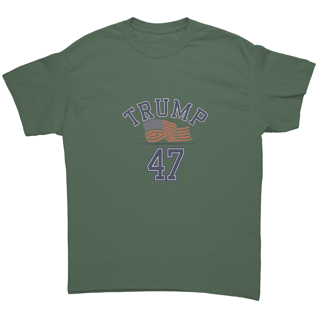 Trump 47 Patriotic Banner Print graphic tee in olive green featuring bold text and patriotic design.