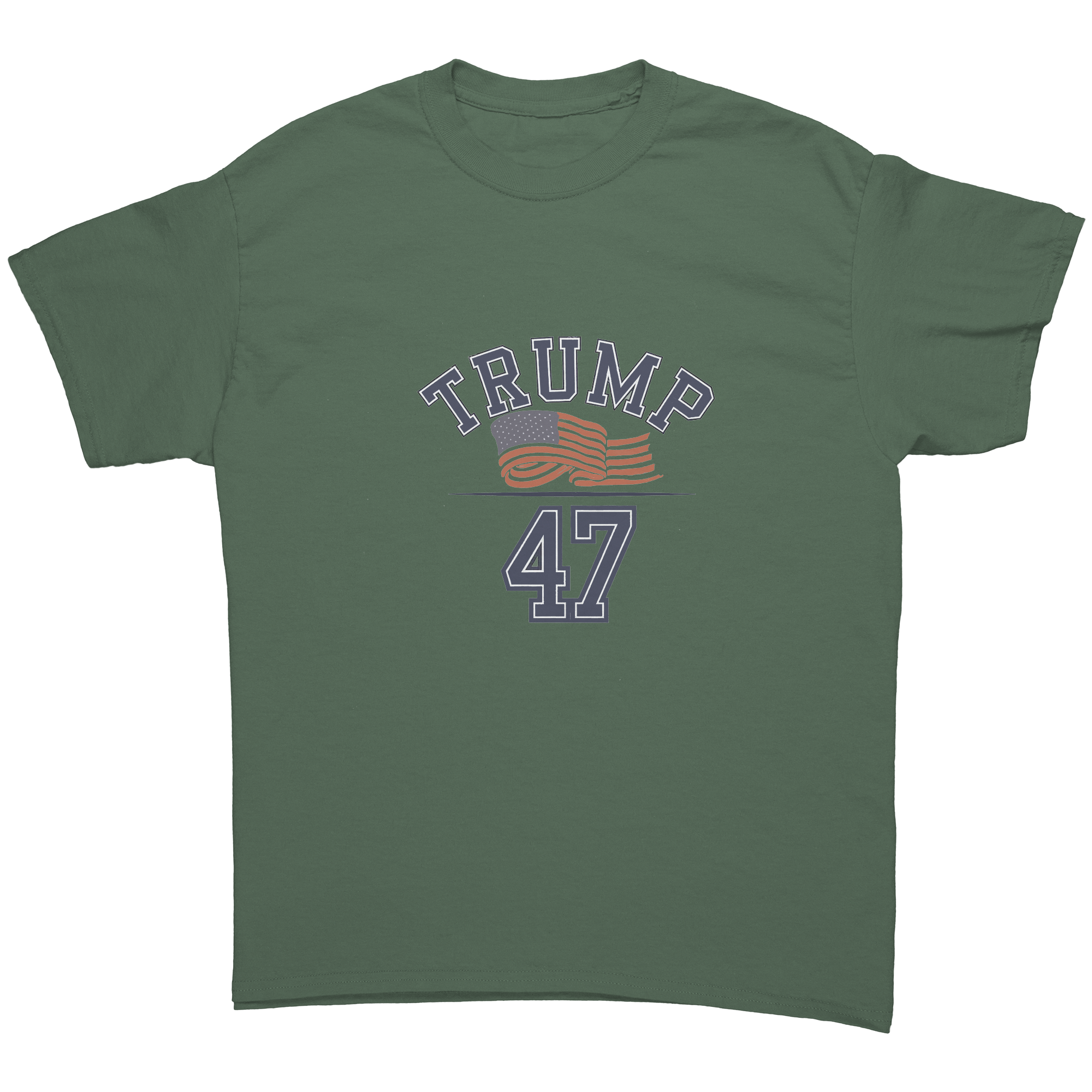 Trump 47 Patriotic Banner Print graphic tee in olive green featuring bold text and patriotic design.
