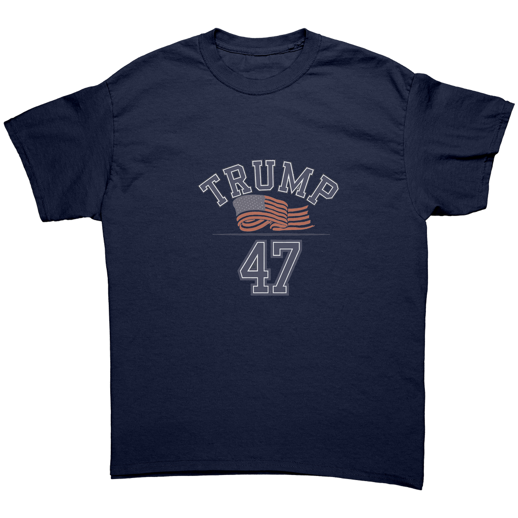 Trump 47 Patriotic Banner Print graphic tee featuring bold text and an American flag design.