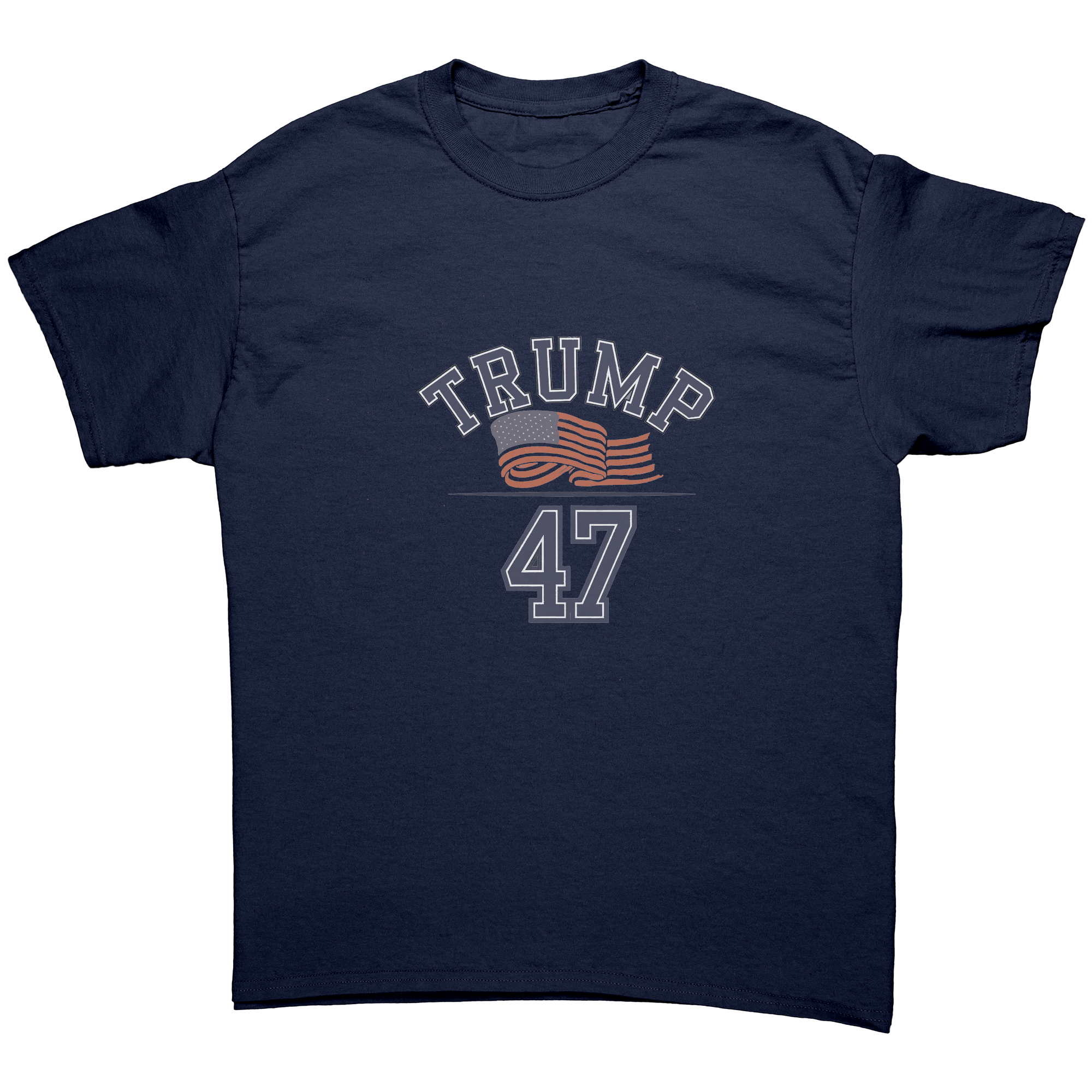 Trump 47 Patriotic Banner Print graphic tee featuring bold text and an American flag design.