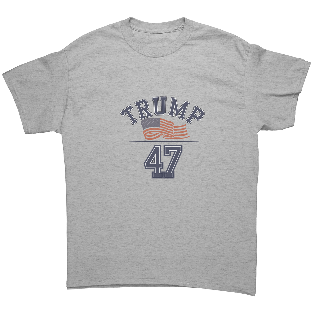 Trump 47 Patriotic Banner Print graphic tee featuring bold text and American flag design on a gray shirt.