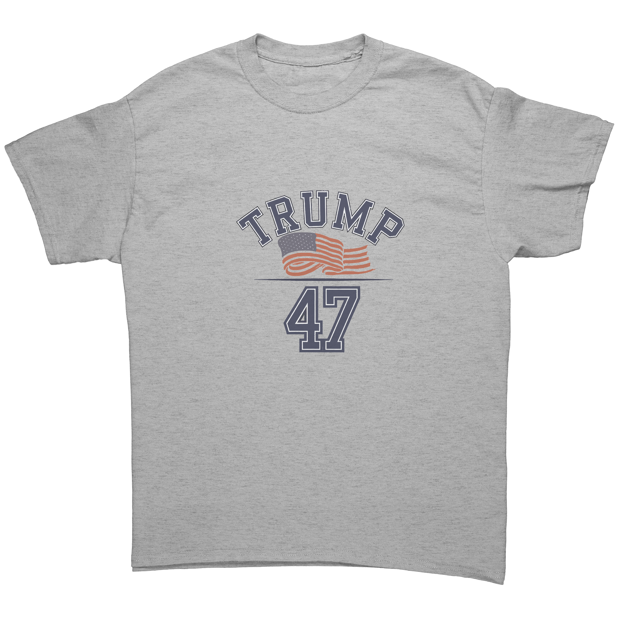 Trump 47 Patriotic Banner Print graphic tee featuring bold text and American flag design on a gray shirt.