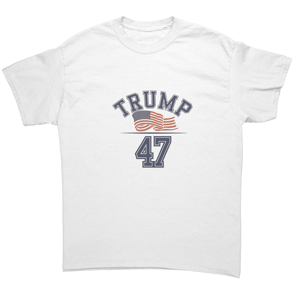 Trump 47 Patriotic Banner Print graphic tee featuring a design with the word Trump and an American flag.