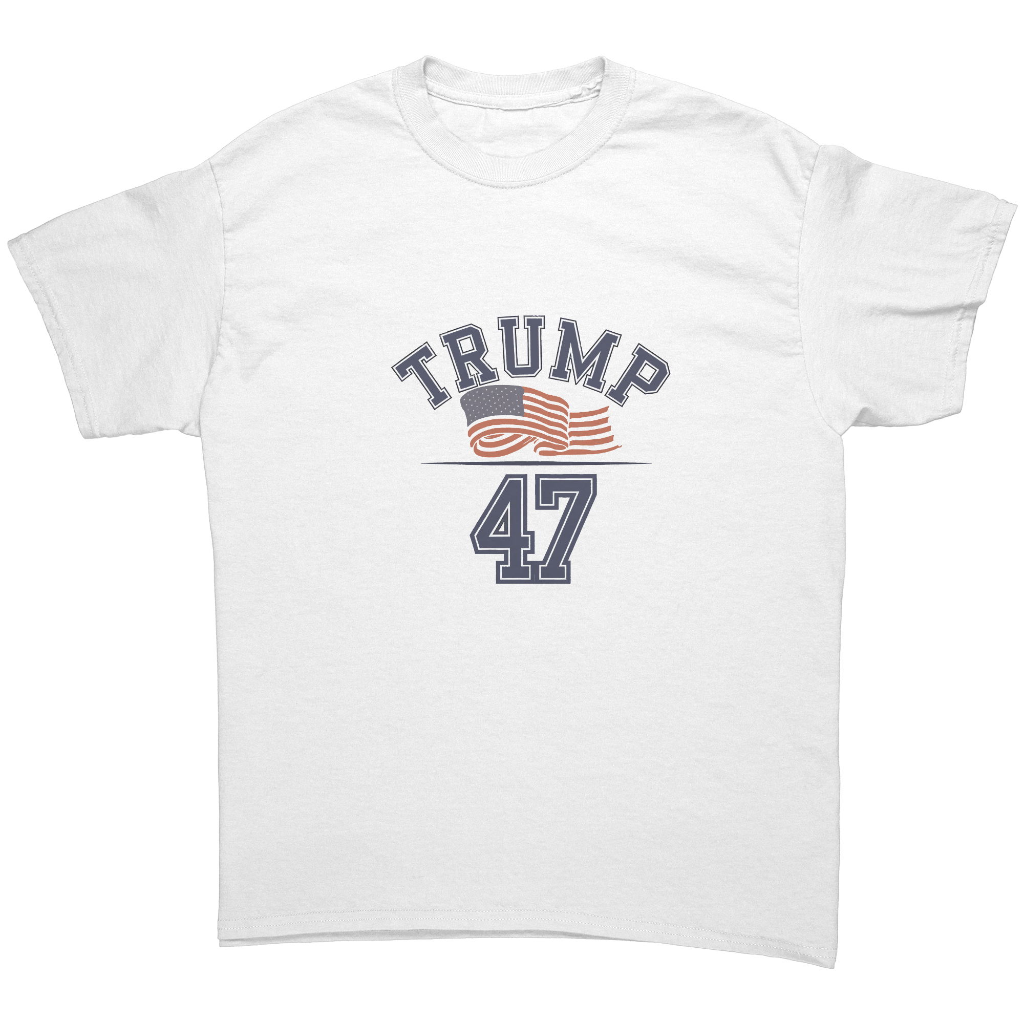 Trump 47 Patriotic Banner Print graphic tee featuring a design with the word Trump and an American flag.