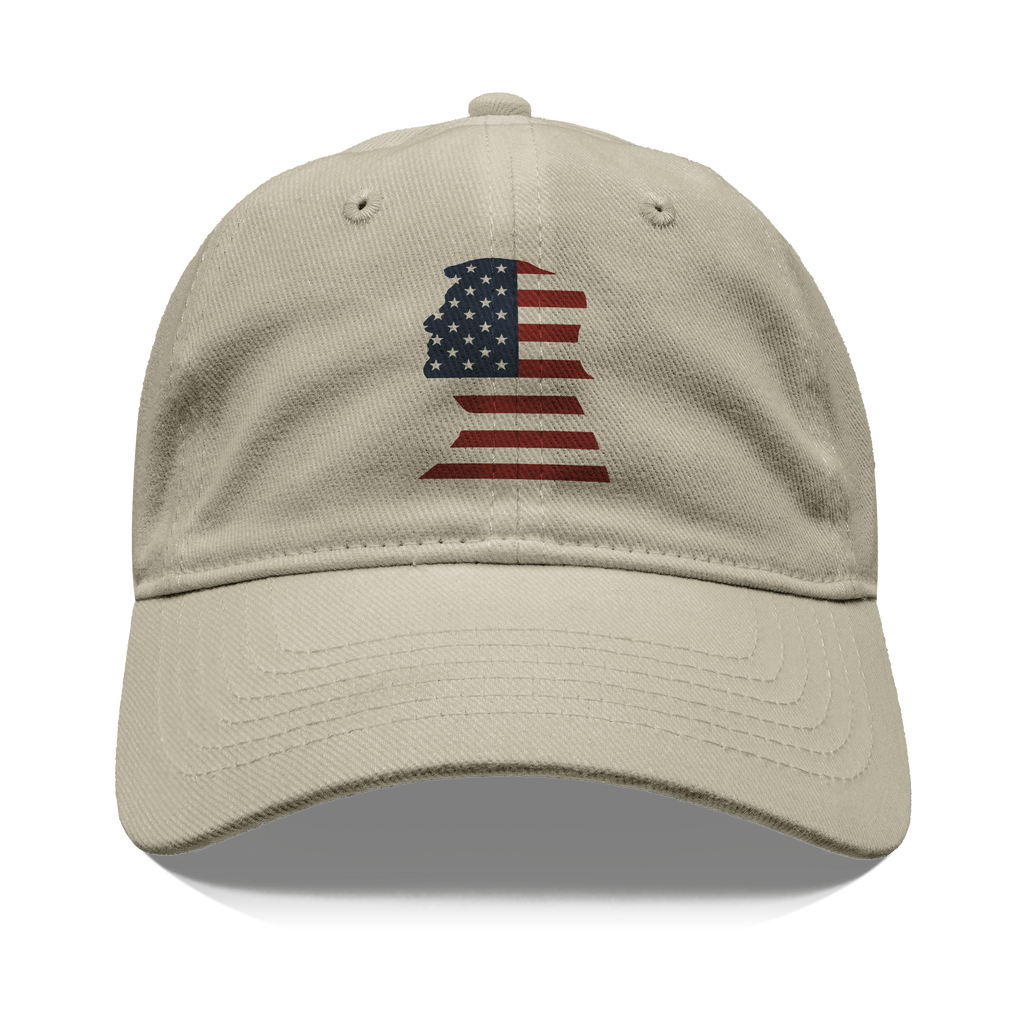 Trump As American Flag Apparel baseball cap with American flag design on the front.
