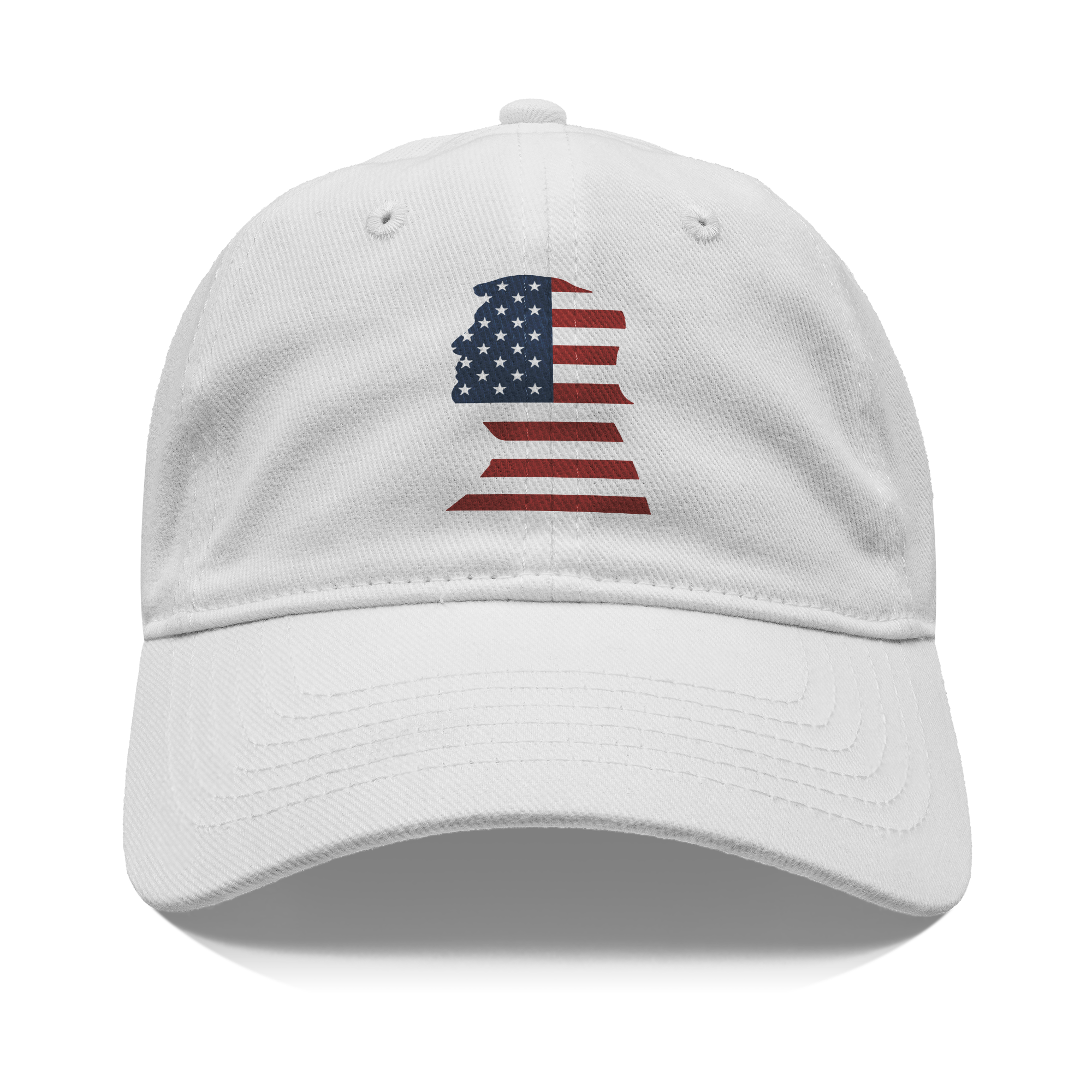 Trump As American Flag Apparel white cap featuring American flag graphic design.