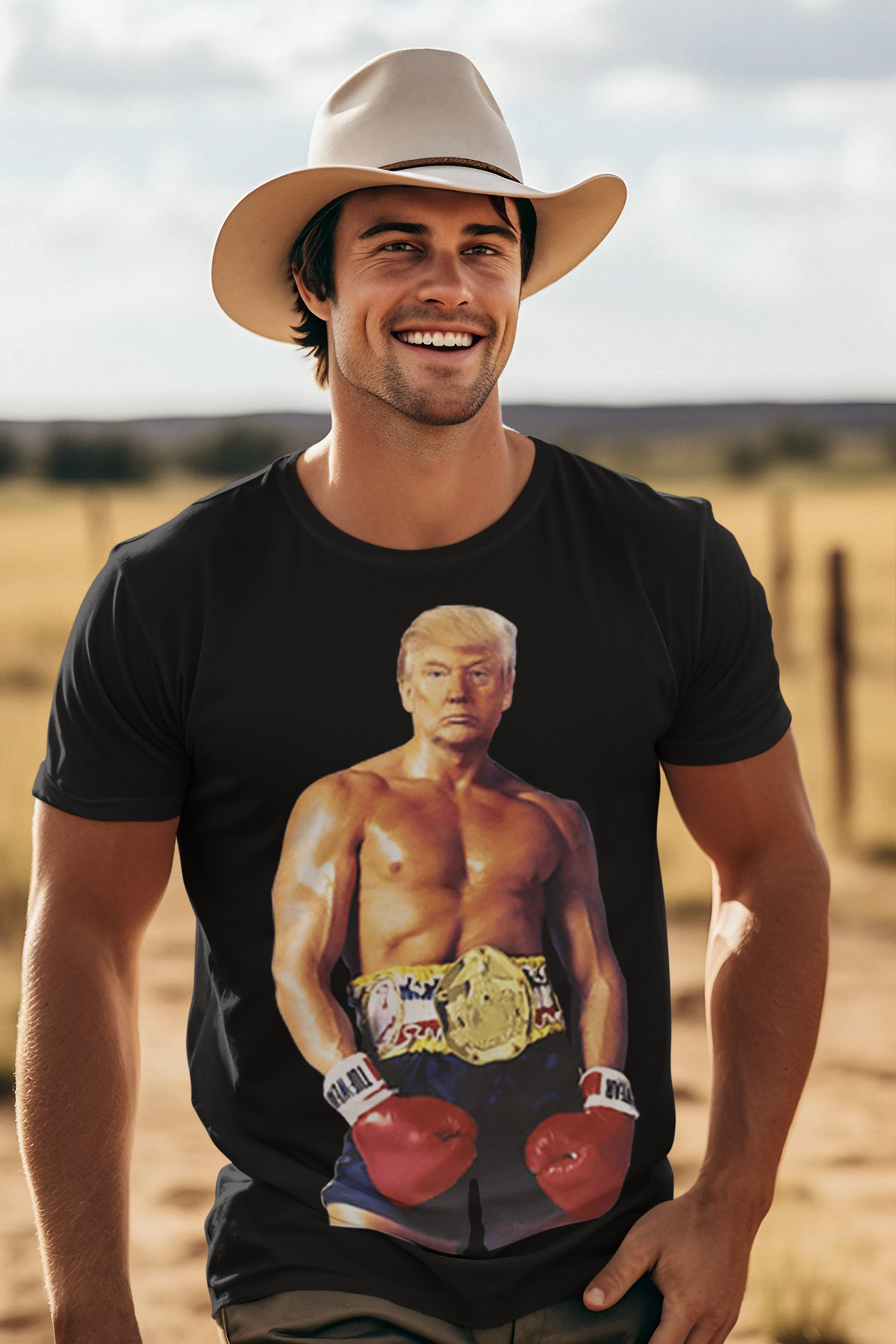 Man wearing Rocky Boxer Graphic Design Featuring Trump t-shirt in a rural setting.