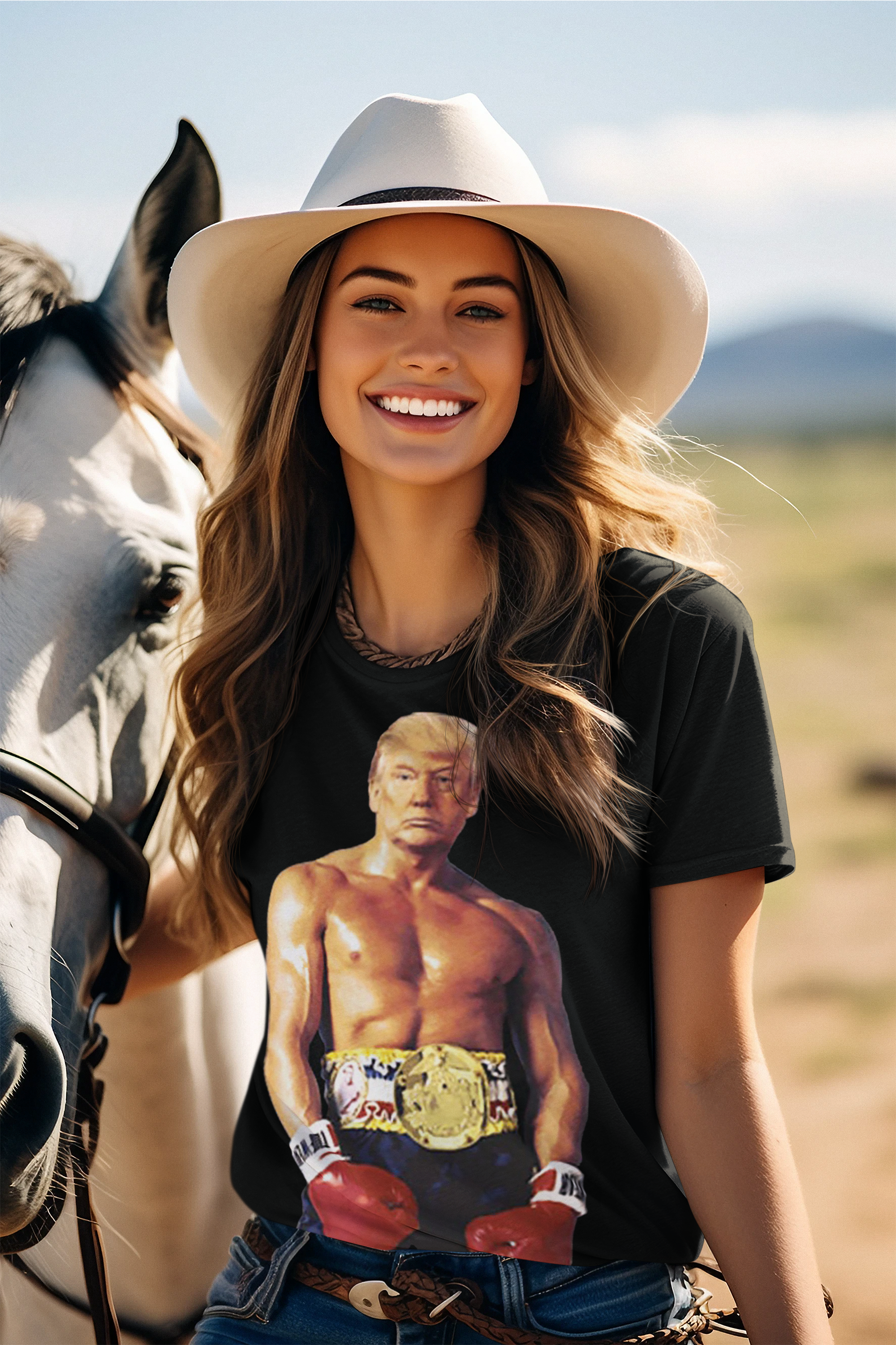 Woman wearing Rocky Boxer Graphic Design Featuring Trump shirt with a horse in the background.