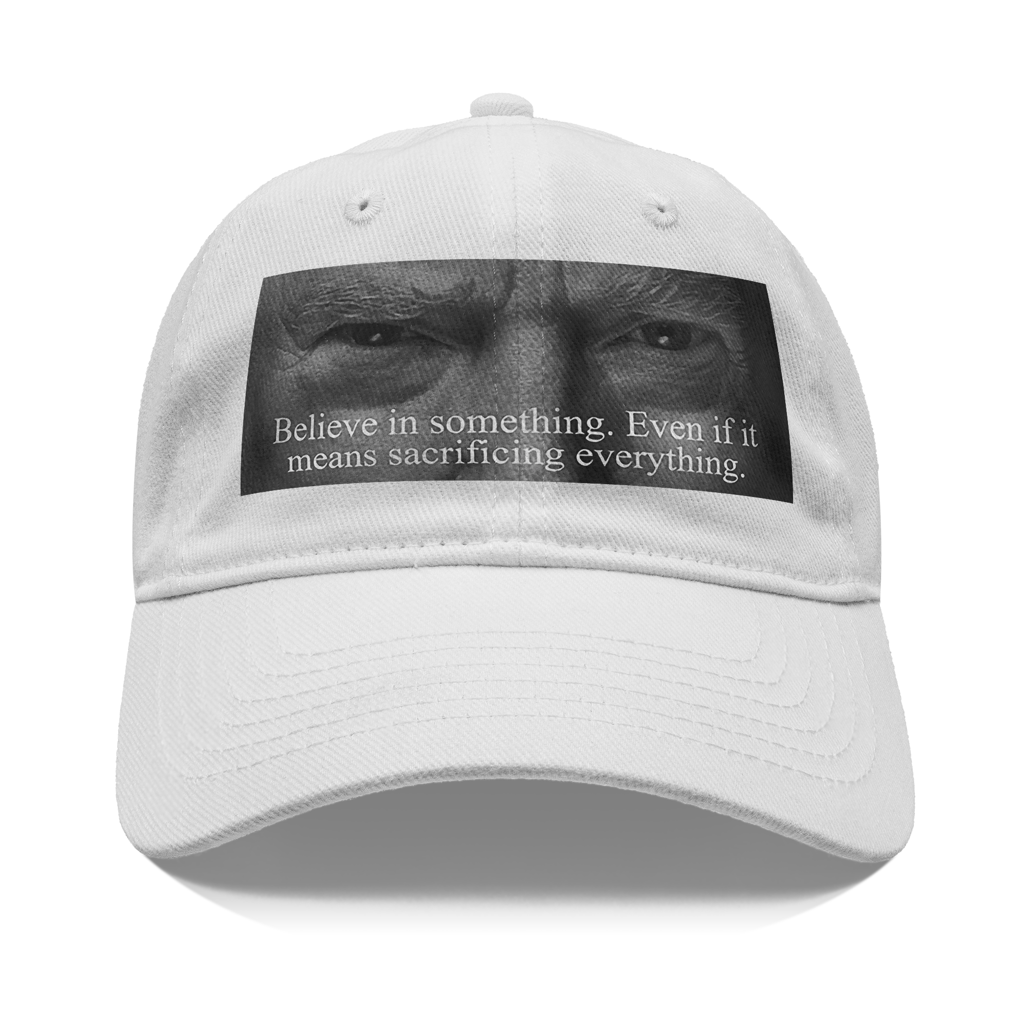 Trump Believe In Something Print graphic cap featuring a powerful quote encouraging belief and sacrifice.
