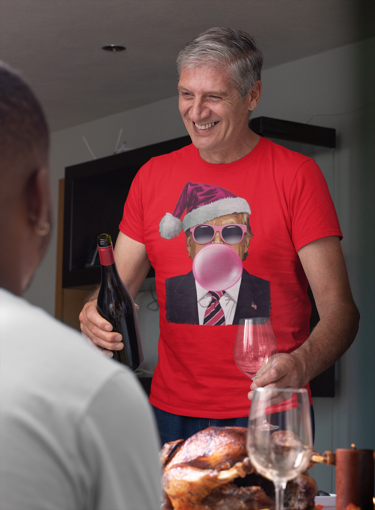 Trump Blowing Bubble Gum With Christmas Hat