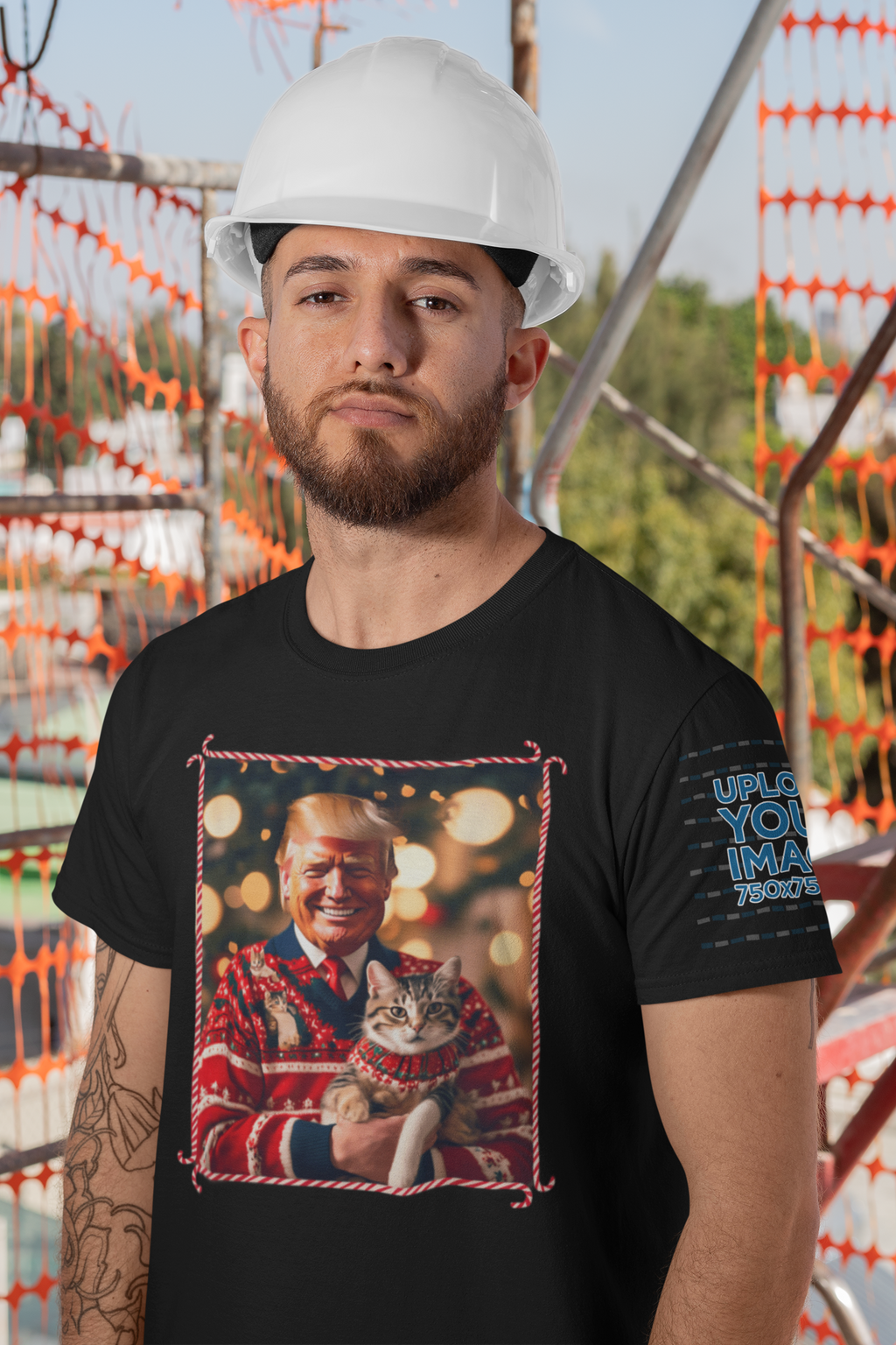Trump Christmas Sweater For Cat Lovers modeled by a man on a construction site, featuring a graphic of Trump with a cat.