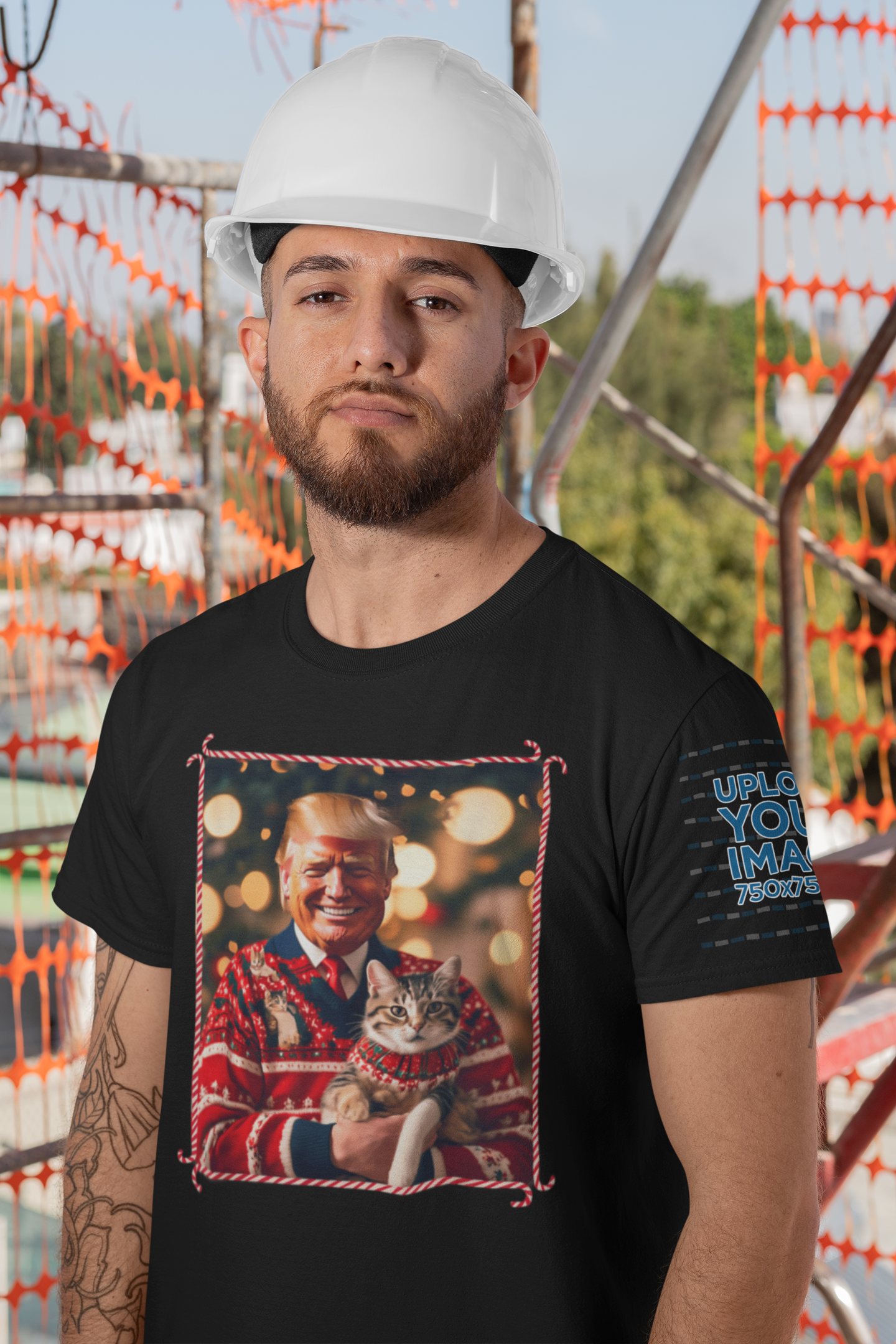 Trump Christmas Sweater For Cat Lovers modeled by a man on a construction site, featuring a graphic of Trump with a cat.