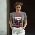 Trump Dancing I'll Be Home For Christmas graphic t-shirt worn by a model in front of a festive background.
