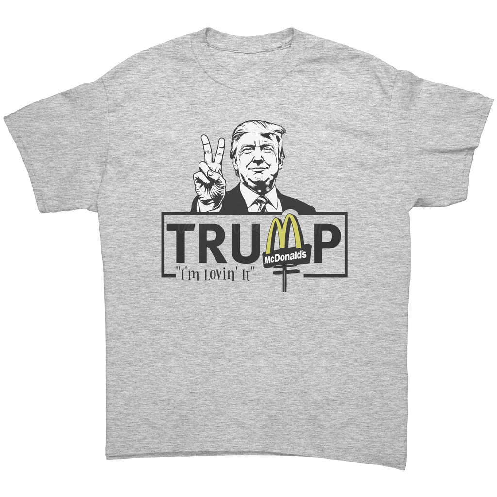 Graphic tee featuring Trump Lovin It Signature Design with McDonald's logo, showcasing patriotism and personal values.