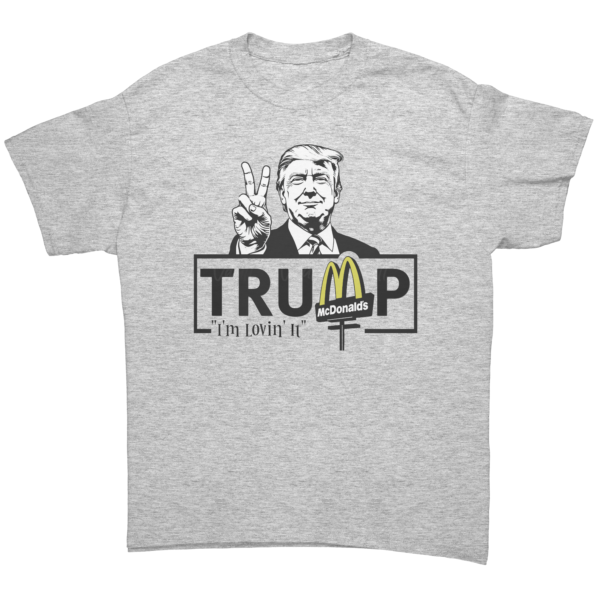 Graphic tee featuring Trump Lovin It Signature Design with McDonald's logo, showcasing patriotism and personal values.