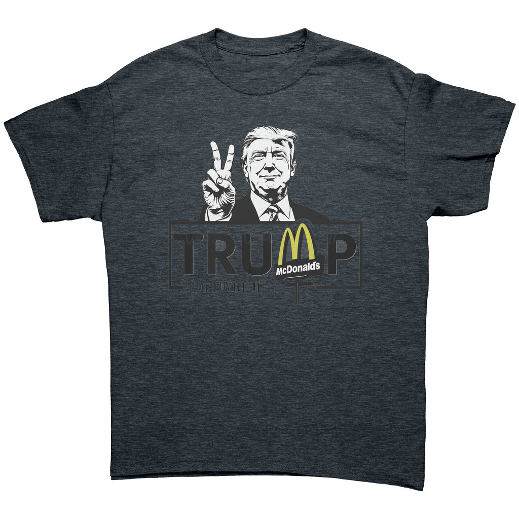 Trump Lovin It Signature Design graphic tee featuring a playful Trump illustration.