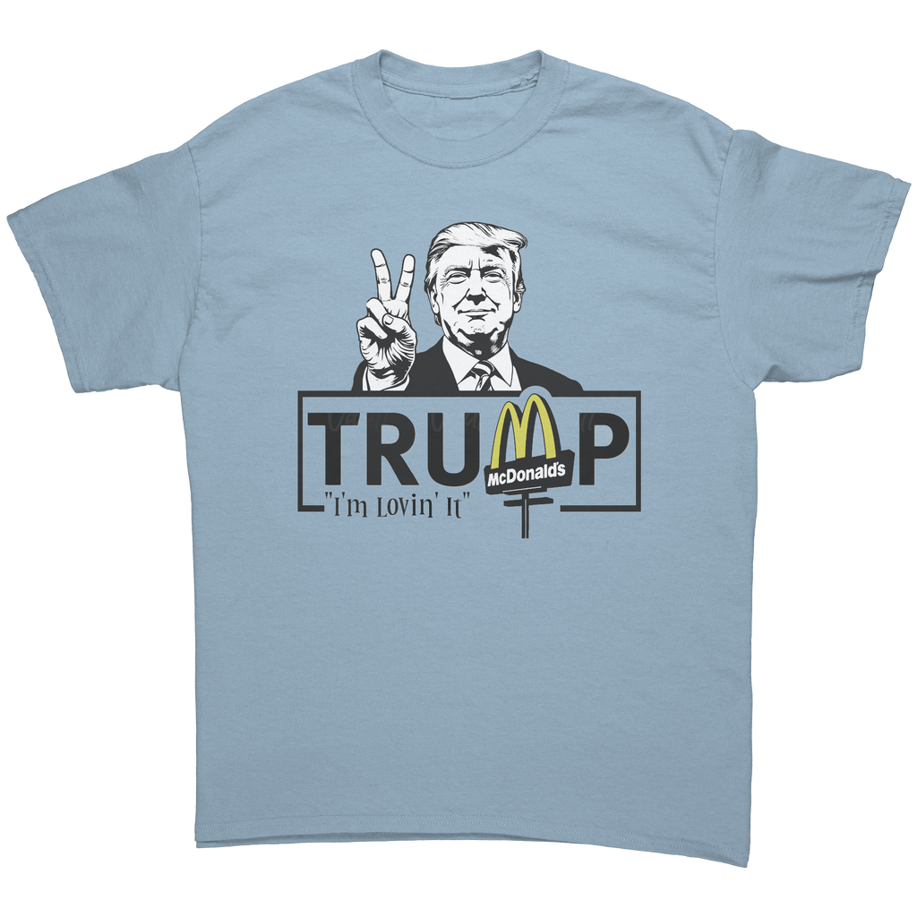 Trump Lovin It Signature Design graphic tee featuring Trump with a peace sign and McDonald's logo.