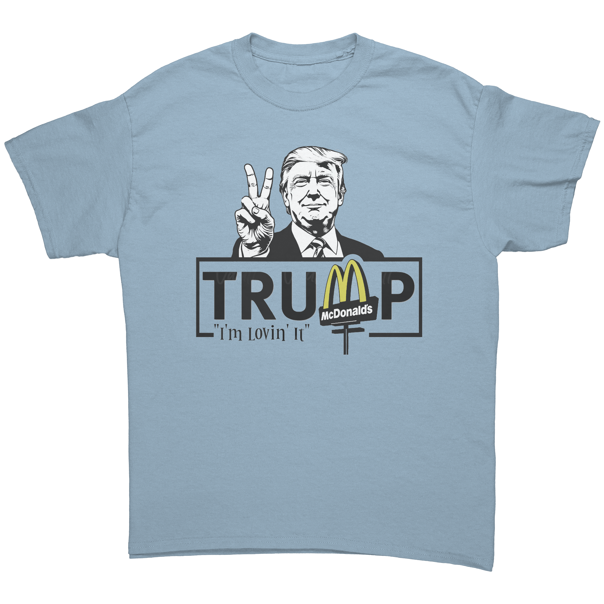 Trump Lovin It Signature Design graphic tee featuring Trump with a peace sign and McDonald's logo.