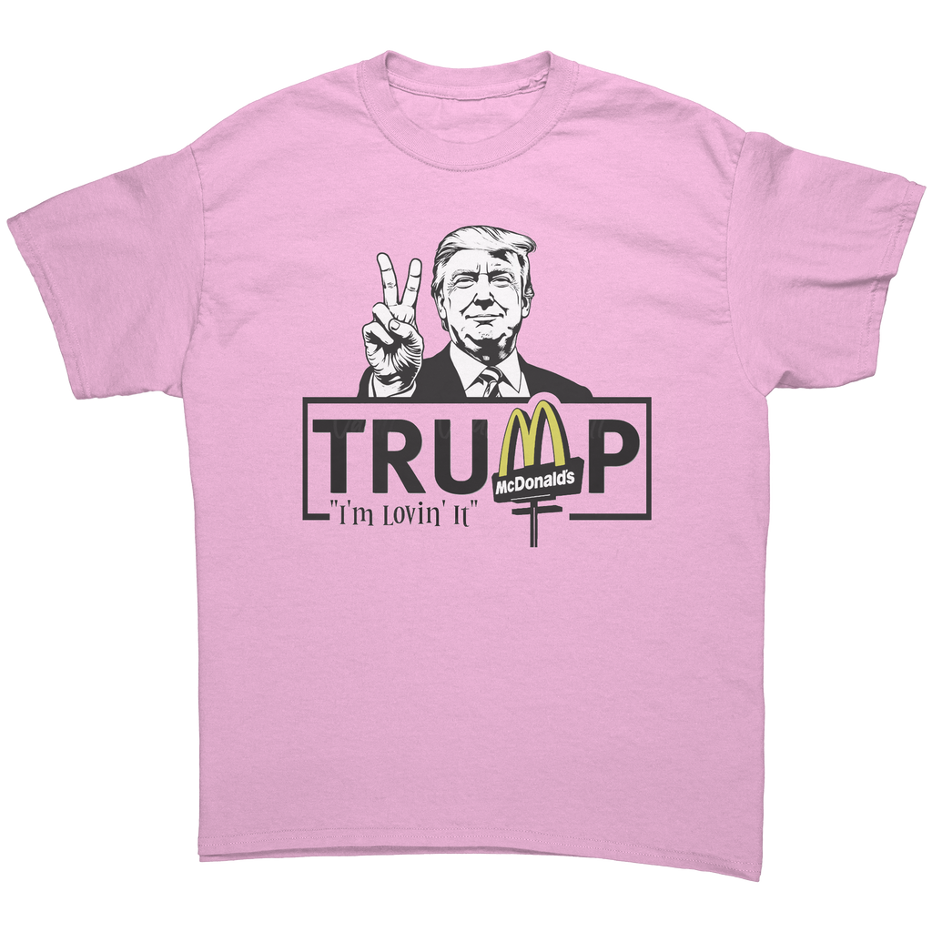 Trump Lovin It Signature Design graphic tee featuring Trump with peace sign and McDonald's logo.