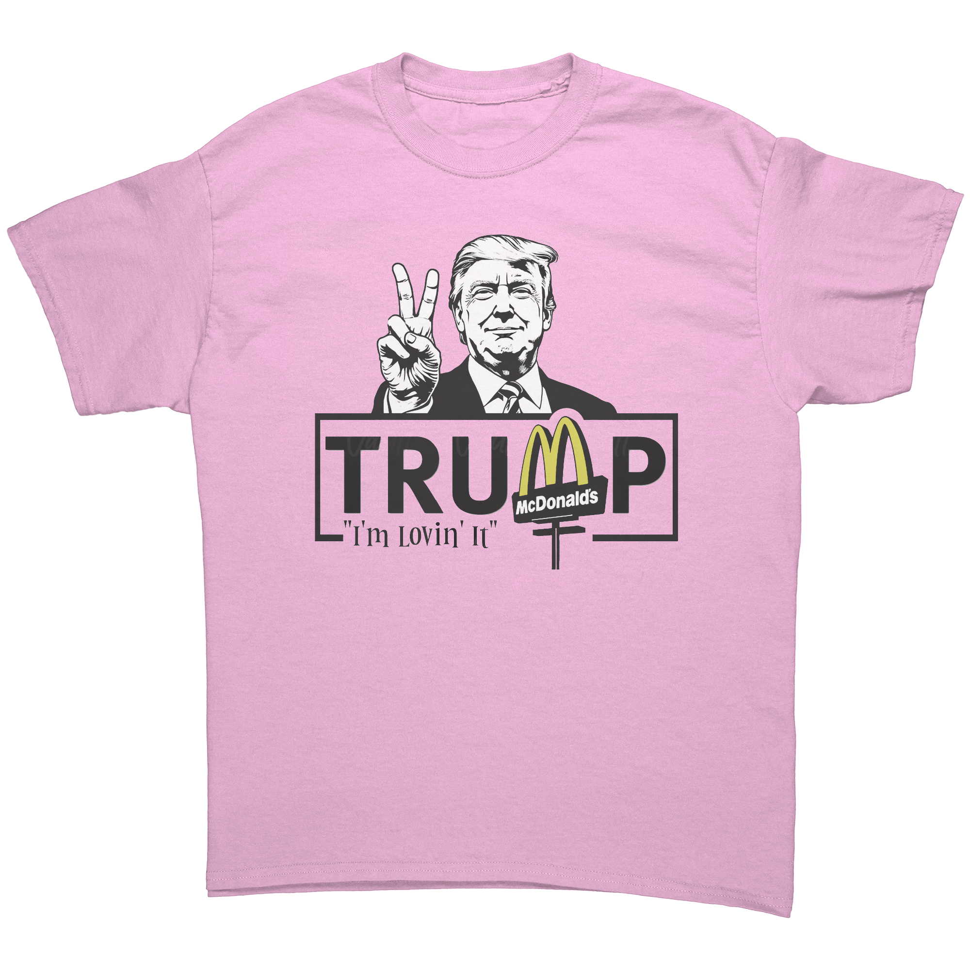 Trump Lovin It Signature Design graphic tee featuring Trump with peace sign and McDonald's logo.