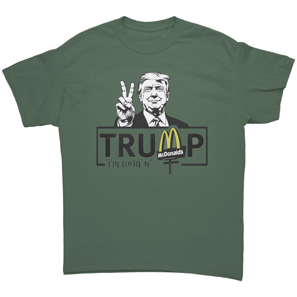 Trump Lovin It Signature Design graphic tee featuring a graphic of Trump with peace sign and McDonald's logo.