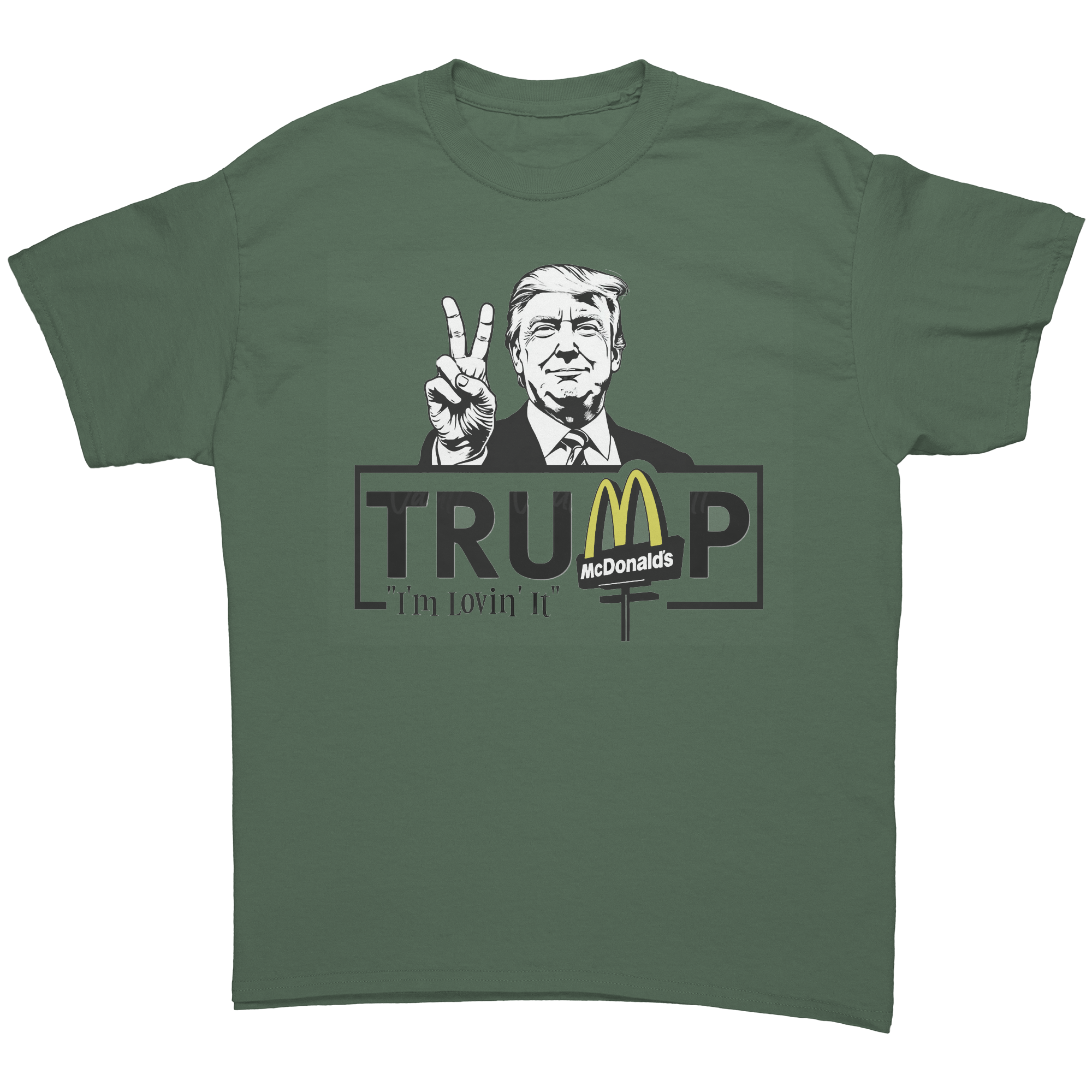 Trump Lovin It Signature Design graphic tee featuring a graphic of Trump with peace sign and McDonald's logo.