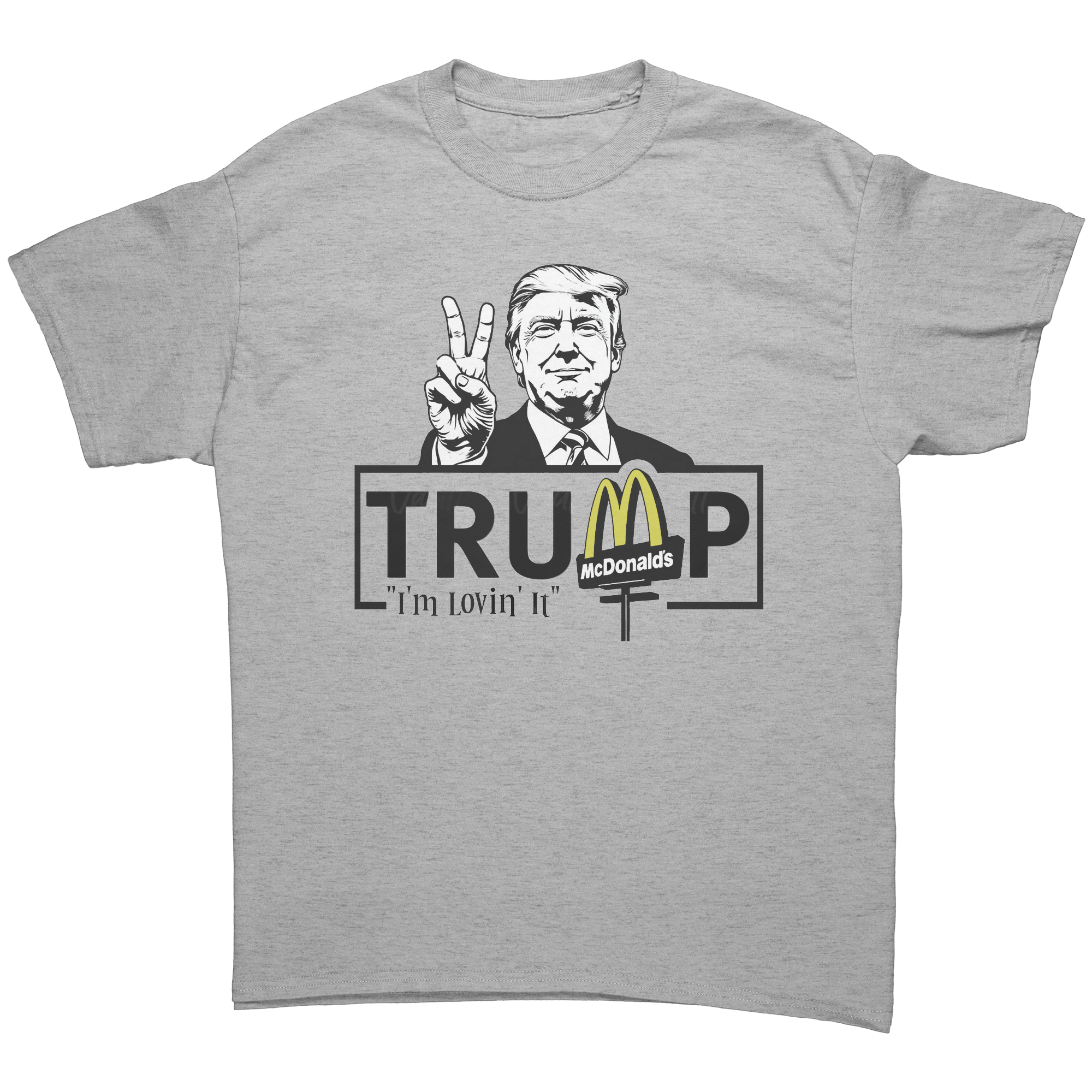Trump Lovin It Signature Design graphic tee featuring a smiling Trump with peace sign and McDonald's logo.