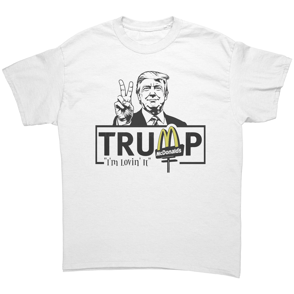 Trump Lovin It Signature Design graphic tee featuring a Trump illustration and McDonald's logo.