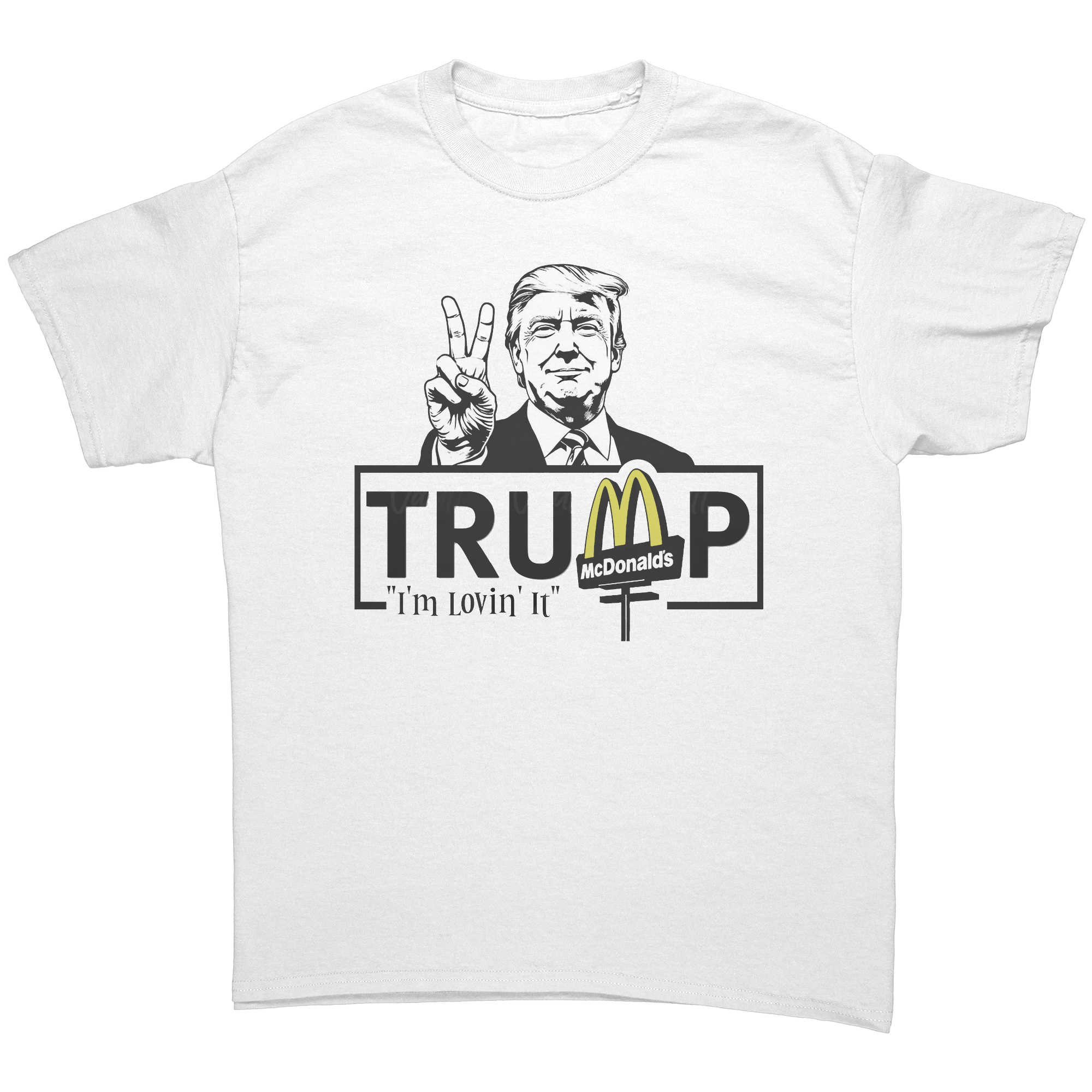 Trump Lovin It Signature Design graphic tee featuring a Trump illustration and McDonald's logo.