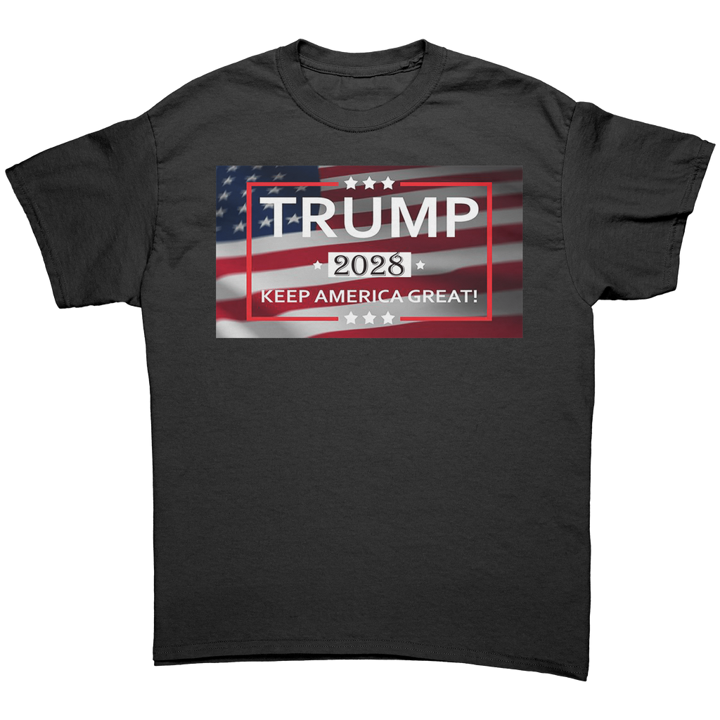 Keep America Great 2028 Design graphic tee featuring Trump 2028 and an American flag background.