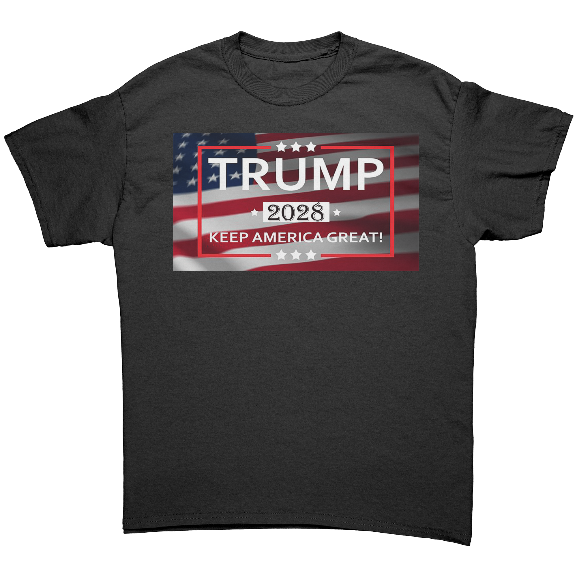 Keep America Great 2028 Design graphic tee featuring Trump 2028 and an American flag background.