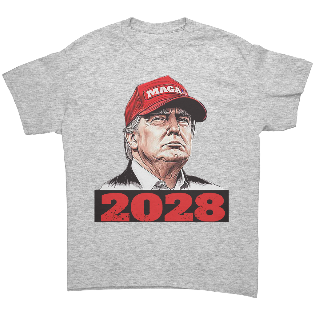 Trump Maga 2028 Visionary Gear graphic tee featuring Donald Trump's portrait with 2028 in bold red.