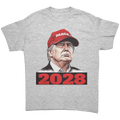 Trump Maga 2028 Visionary Gear graphic tee featuring Donald Trump's portrait with 2028 in bold red.