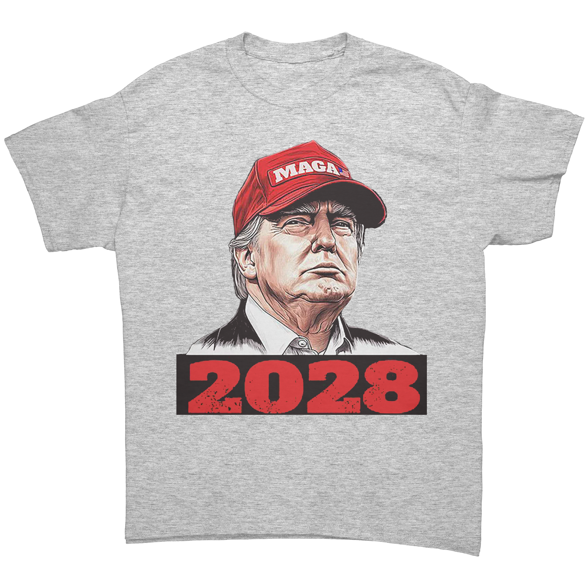 Trump Maga 2028 Visionary Gear graphic tee featuring Donald Trump's portrait with 2028 in bold red.