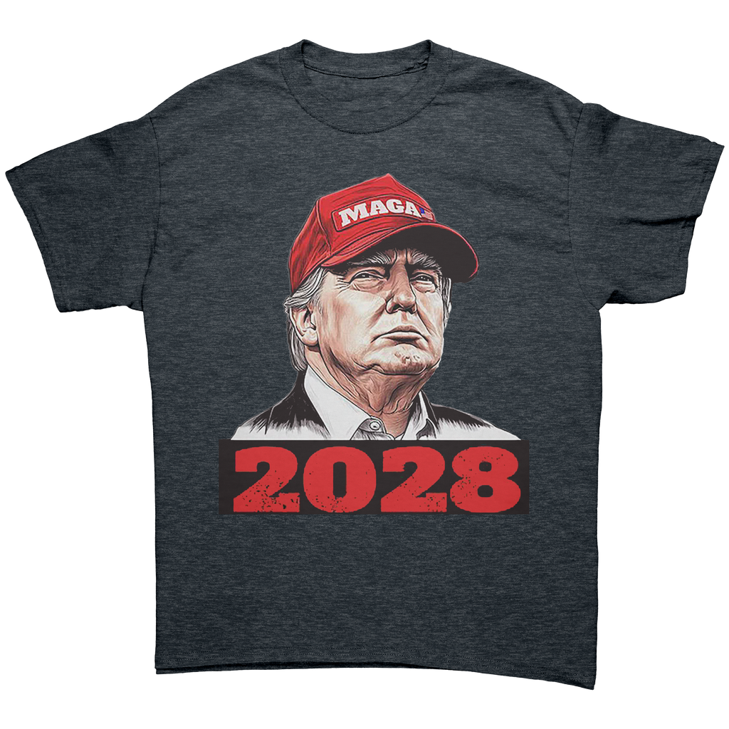 Trump Maga 2028 Visionary Gear graphic tee featuring a portrait of Donald Trump in a red MAGA cap.