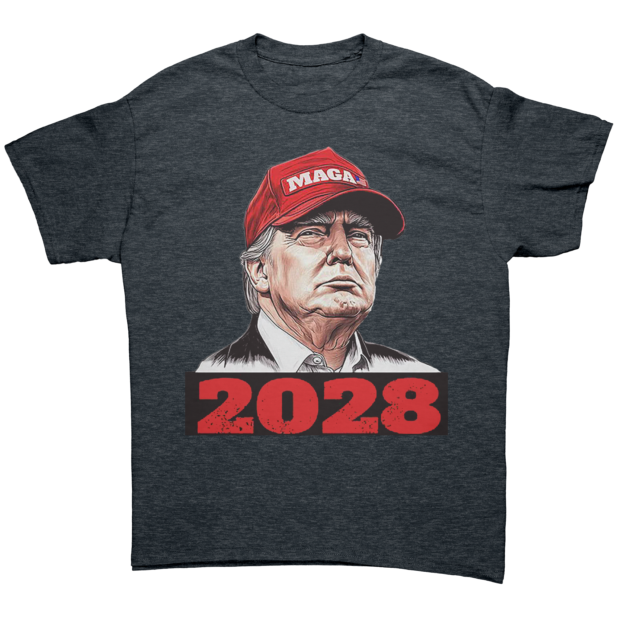 Trump Maga 2028 Visionary Gear graphic tee featuring a portrait of Donald Trump in a red MAGA cap.