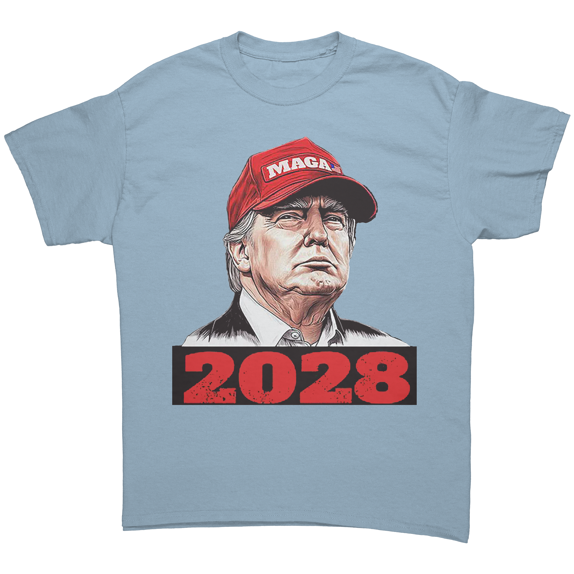 Trump Maga 2028 Visionary Gear graphic tee featuring Trump in a red MAGA hat with 2028 text.