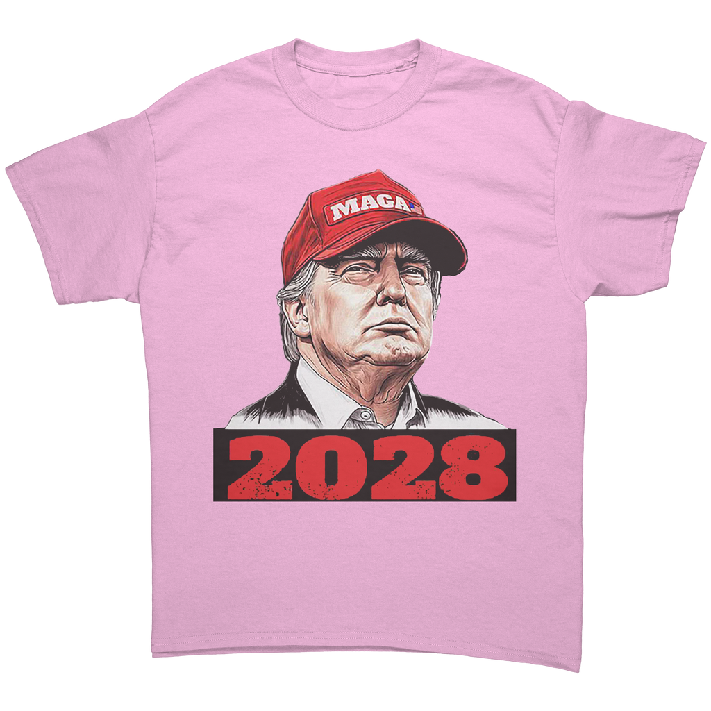 Trump Maga 2028 Visionary Gear graphic tee featuring a portrait of Trump with a '2028' design.