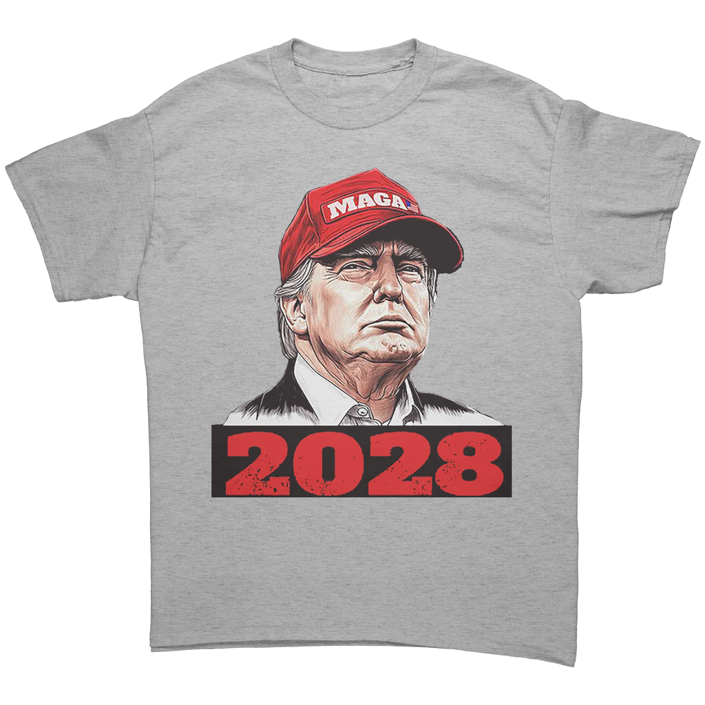 Trump Maga 2028 Visionary Gear graphic tee featuring Donald Trump wearing a MAGA hat with '2028' text.