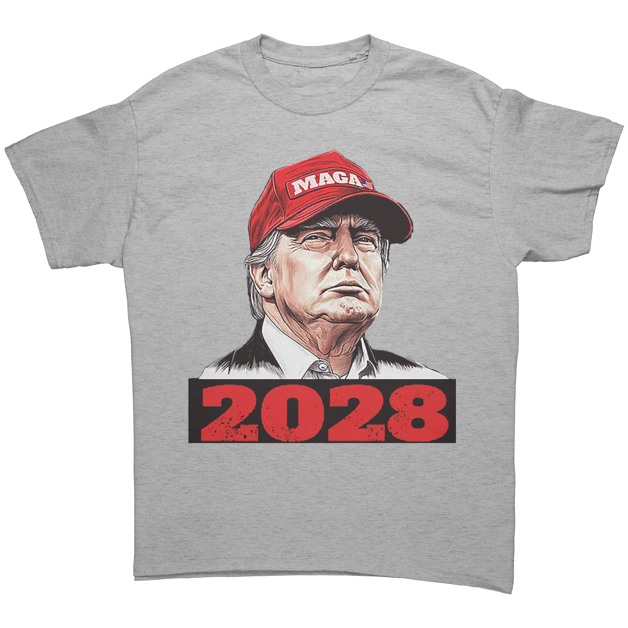 Trump Maga 2028 Visionary Gear graphic tee featuring Donald Trump wearing a MAGA hat with '2028' text.